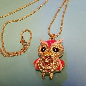 Pink owl pendant necklace on long golden chain